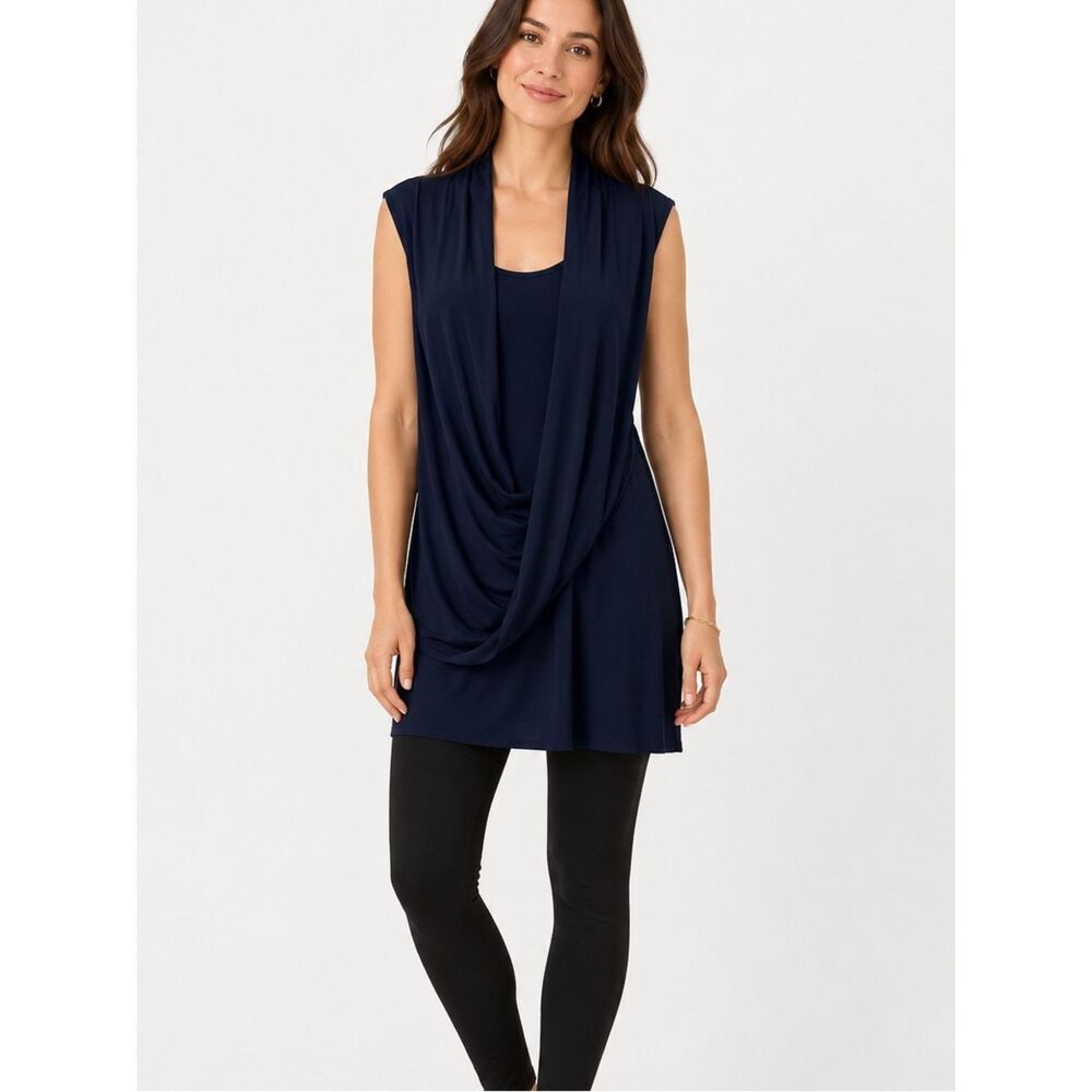Joseph Ribkoff Black Sleeveless Tiered Draped Front Tunic Top Size 10